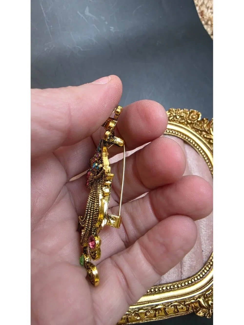 Vintage Style Peacock Brooch with Multicolor Stones and Green Centerpiece
